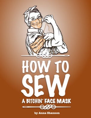This is the cover of the book, it is a lady, based on Rosy the riveter, and she is sewing a mask in that iconic pose